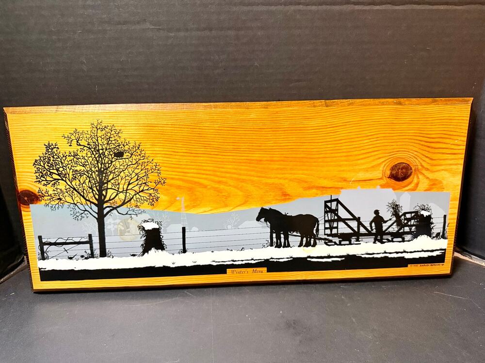 Winter’s Menu 1982 Harvey Bernard folk art farm life silhouettes on pine boards